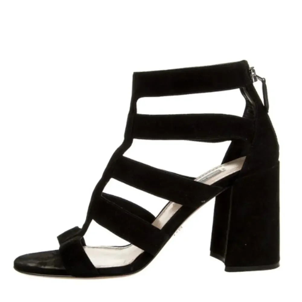 Prada Suede Gladiator Block Heel Sandals in Black, Size 9
